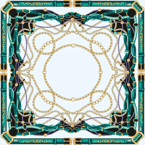 Süslü, geleneksel, etnik, bandana, şal, atkı, ipek, eşarp deseni. Moda kumaşı tasarımı. Tekstil rakamları. Altın zincirler ve kemerli aksesuarlar. - Resim.