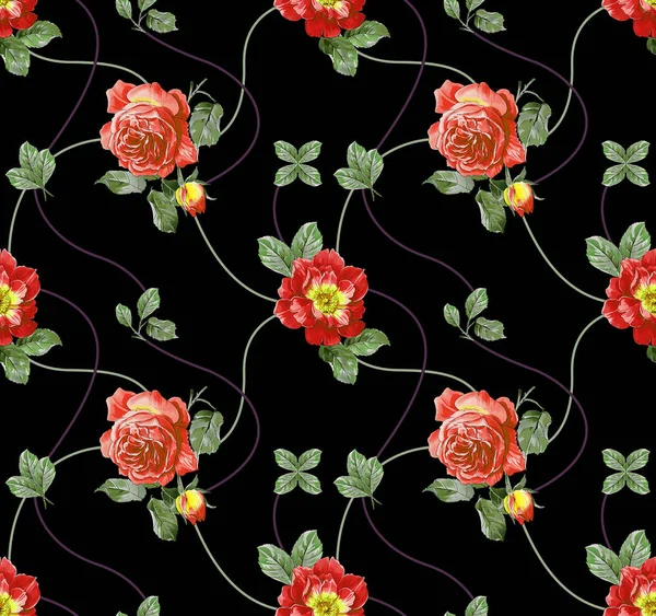 Rosas Rojas Patrón Sin Costuras Sobre Fondo Negro Ilustración — Foto de Stock