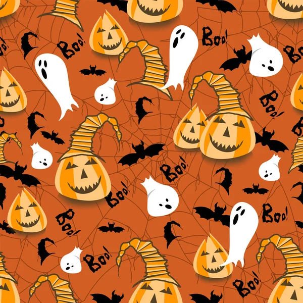 Cadılar Bayramı temalı kusursuz desen. Karnaval geçmişi. Tatil günü. Balkabakları, hayaletler, örümcek ağı, yarasalar. - Resim.