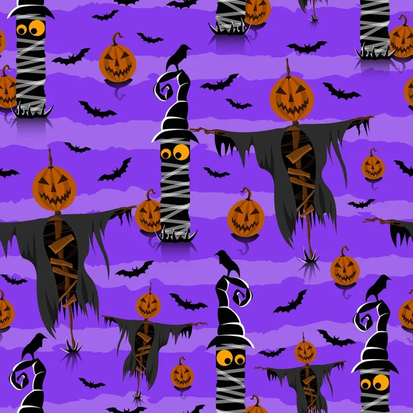 Patrón Halloween Sin Costuras Con Calabazas Murciélagos Sobre Fondo Púrpura —  Fotos de Stock