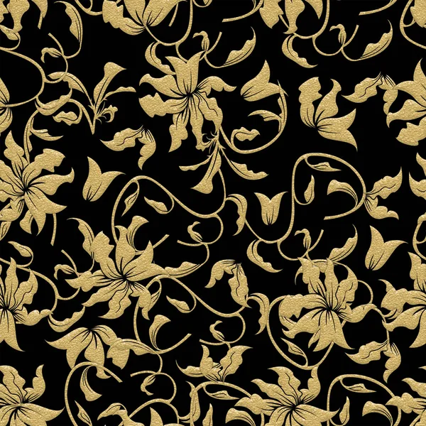 Gold floral pattern on black background. Seamless yellow flowers. - illustration