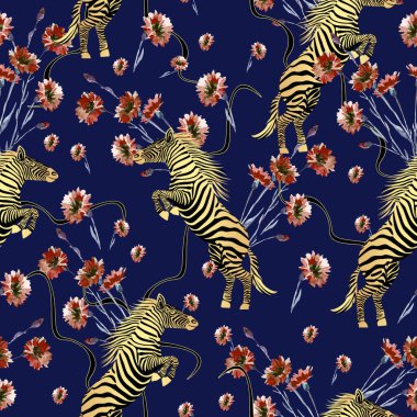 Koyu mavi arka planda kırmızı suluboya çiçekleri olan altın renkli zebra. Kusursuz hayvan izi. Atlıyorum. - Resim.