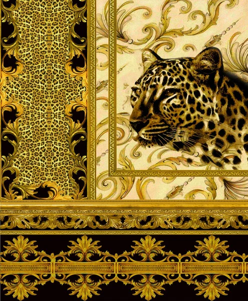 Textura Pele Leopardo Cabeça Chita Com Bordas Douradas Padrão Paisley — Fotografia de Stock