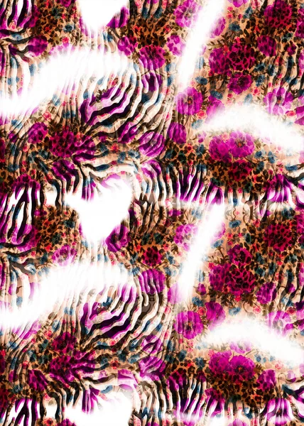 Animal Skin Texture Pink Flowers Zebra Leopard Fashionable Pattern Illustration — Stock Photo, Image