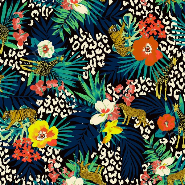 黒い背景に野生動物と水彩熱帯の花パターン 生地や紙のためのファッショナブルなプリント イラスト — ストック写真