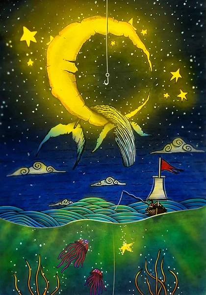 Pescando Noite Ilustração Aquarela Natureza Desenho Baleia Lua Estrelas Jelly — Fotografia de Stock