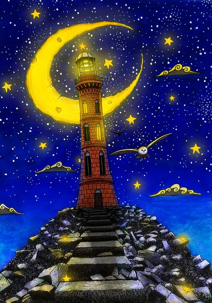 Gece suluboya deniz feneri çizimi. Masal kitabının kapağı. Baykuş, ay, bulutlar, yıldızlar.,