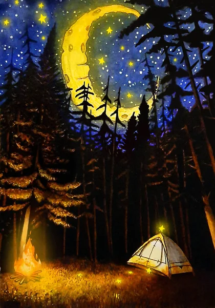 Watercolor Night Camping Illustration Σελήνη Αστέρια Δέντρο Φωτιά Σχέδιο Ζωγραφική — Φωτογραφία Αρχείου