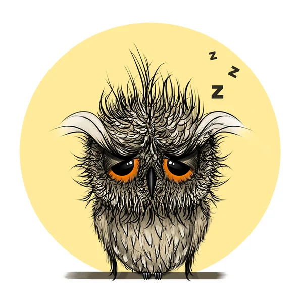 Owl Digital Illustration Sleepy Bird Hand Drawn Animal Painting — Stok Foto