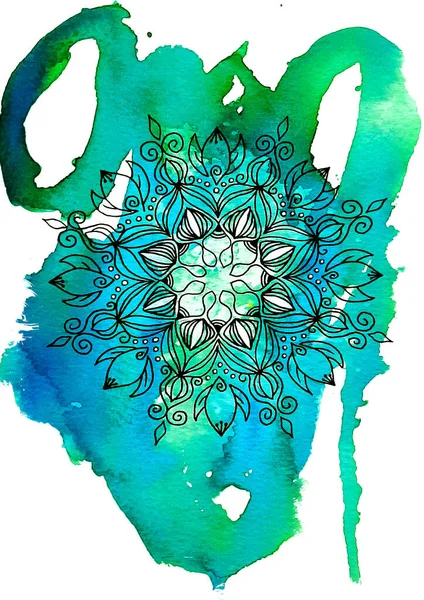 Akvarelová Mandala Ručně Kreslený Geometrický Vzor Ilustrace — Stock fotografie