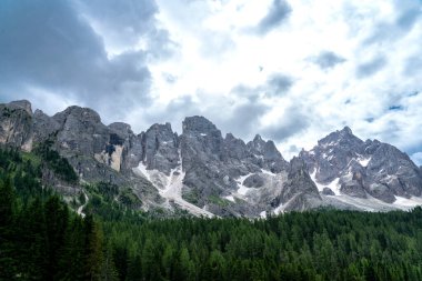 Yaz mevsimi boyunca San Martino 'nun soluk renkli manzara manzarası. Passo Rolle yaz manzarası 
