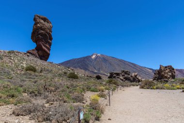 Roque Cinchado ve Teide volkanının zirvesi. Teide Ulusal Parkı, Tenerife, Kanarya Adaları, İspanya. Teide volkanı.