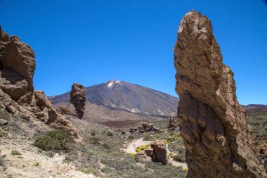Tenerife 'deki Teide volkanı. İspanya. Kanarya Adaları. Teide, Tenerife 'nin ana ilgi odağı. Volkanın kendisi ve onu çevreleyen alan Teide Ulusal Parkı 'nı oluşturuyor..