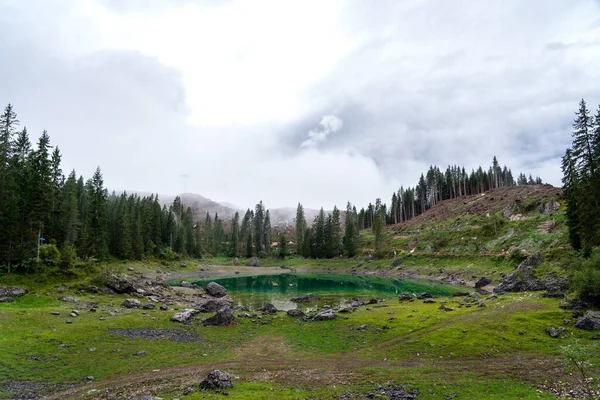 Kozalaklı ormanlarla çevrili kristal berrak göletin yansımasında Dolomitlerin resimli zirveleri. İtalya 'da Caresse Gölü. Manzaralı bir yer ve ünlü turistik bir yer. İlkel doğa.