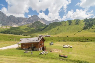 fuciade Passo San Pellegrino. Landescape of the San Pellegrino Pass, Val di Fassa, Trentino Alto Adige, Italy clipart