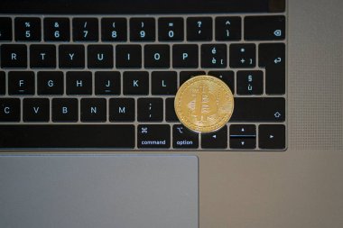 Bitcoin şifreleme kripto para birimi. Dizüstü bilgisayarında altın Bitcoin sembolü olan altın bitcoin para. Fiziksel metal altın. Dünya çapında sanal internet parası.
