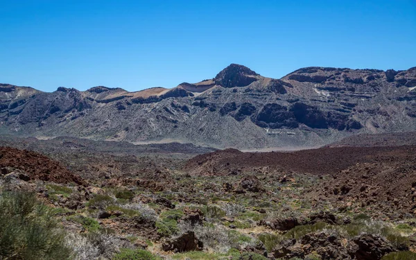 Poušť v Tenerife. Lunární krajina v národním parku Tenerife. Sopečná horská krajina, Národní park Teide, Kanárské ostrovy, Španělsko.Turistika v horách a poušti — Stock fotografie