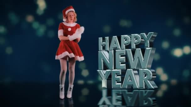 Chica Vestida Como Santa Claus Desea Feliz Año Nuevo Fondo — Vídeos de Stock