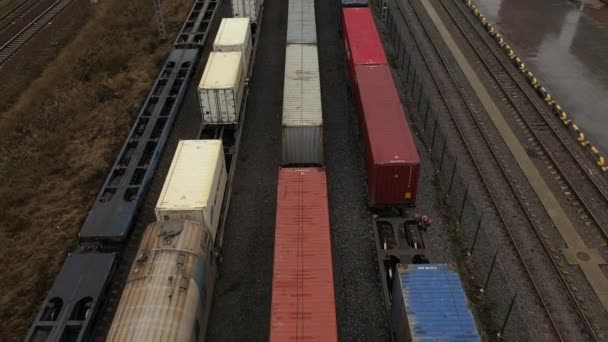 Aerial Survey Freight Trains Standing Railways Logistics Center — Stock Video