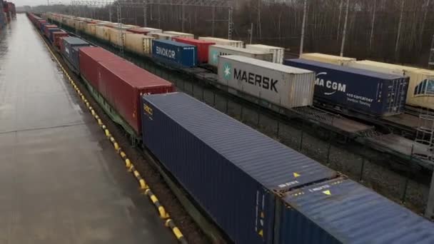 Fly Camera Cargo Terminal Visible Railway Tracks Freight Trains Transport — Stock Video