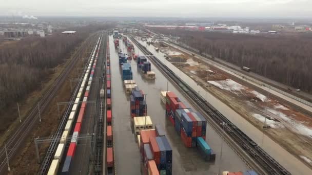 Camera Flies Railway Cargo Terminal Working Loader Railway Tracks Freight — Stock Video