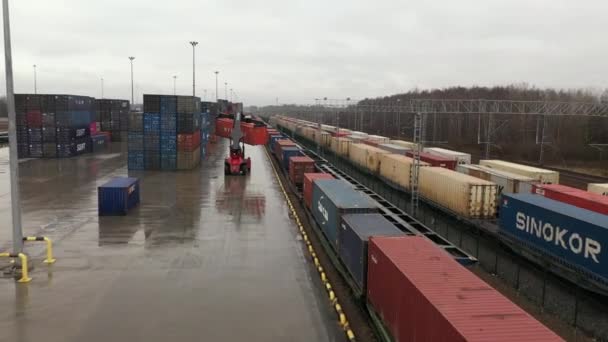 Trabajo Cargador Una Terminal Ferroviaria Carga Transporte Contenedor Carga — Vídeo de stock