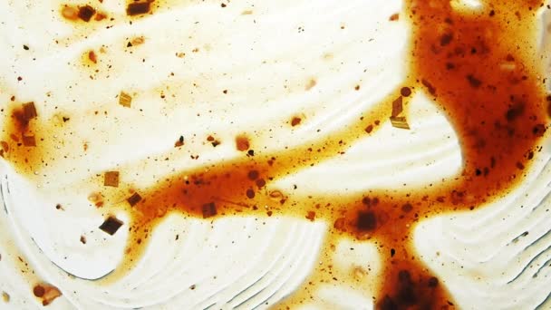 View from below as a cooking brush smears ketchup with herbs for cooking steak on the grill. White background. — Stock Video