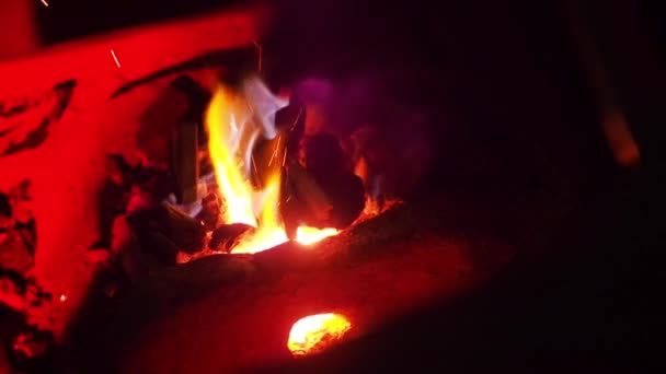 Unrecognizable person forging a blade pulls a hot piece of metal out of the burning ember. — Stock Video