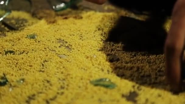 The hands of a Caucasian man take a close-up of yellow millet from the floor. Next to the broken glass. — Stock Video