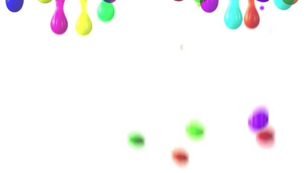 Drops of different colors fall down on a white background in a row. — Stock Video