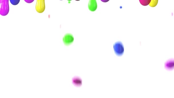 Droppar av olika färger faller ner på en vit bakgrund i rad. — Stockvideo