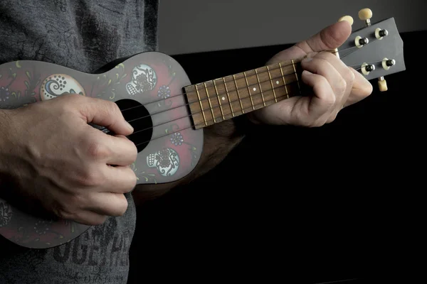 Müzisyen ahşap ukulele çalar, canlı müzik.