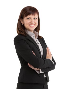 Gülümseyen meşgul kadın kendine güven ve mutluluk gösteriyor.