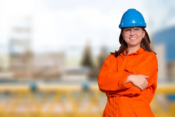 Mulher Trabalhador Laranja Capacete Segurança Geral Azul Isolado Fundo Branco — Fotografia de Stock