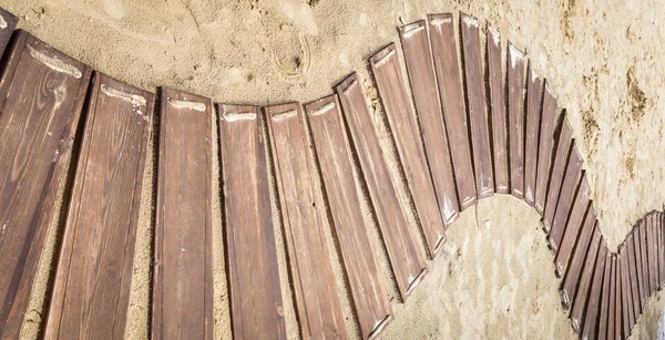 Paseo Marítimo Madera Camino Con Arena Con Espacio Para Copiar — Foto de Stock