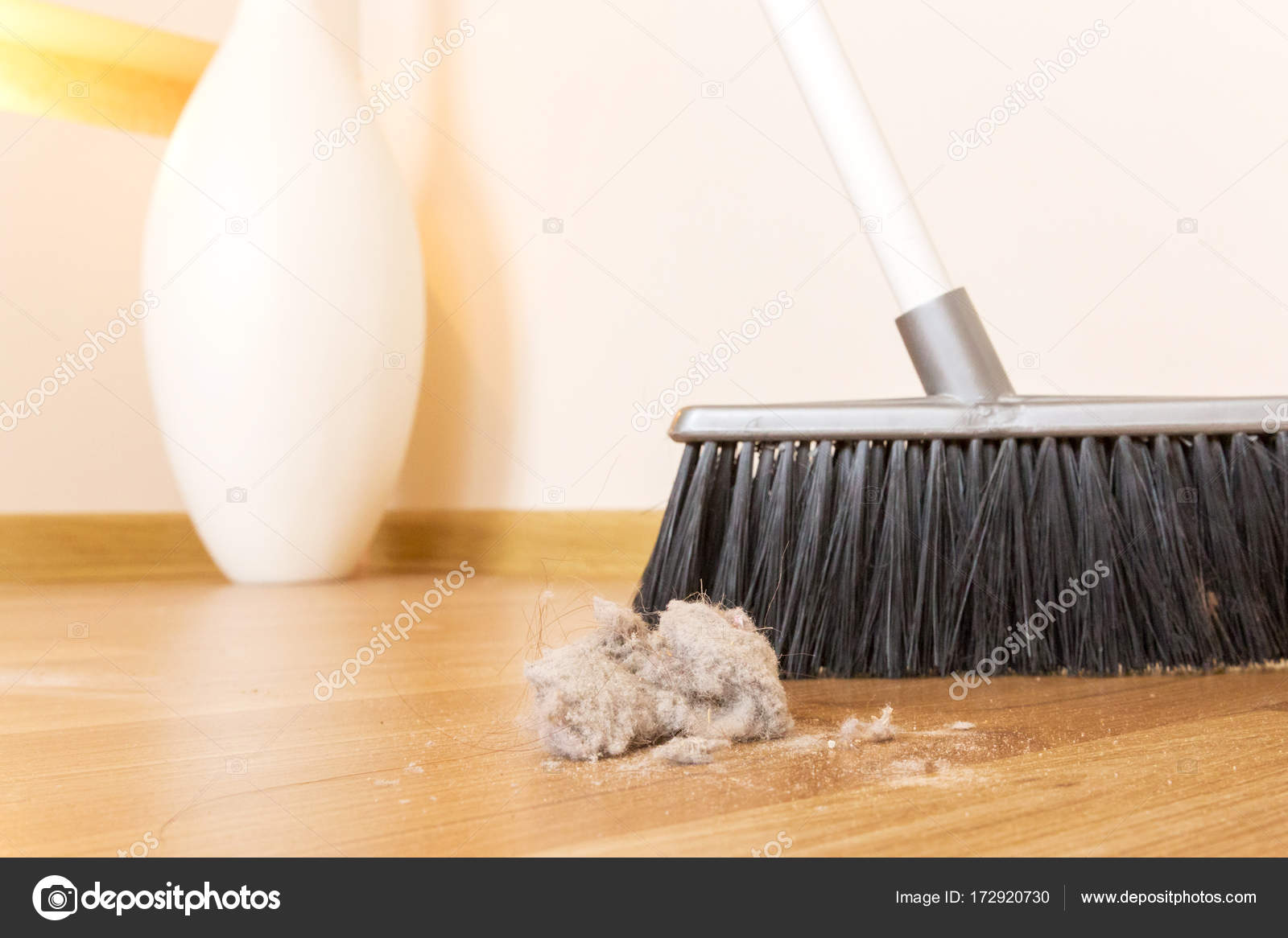 Sweeping Dust Black Broom Wooden Floor Stock Photo C Mariakray