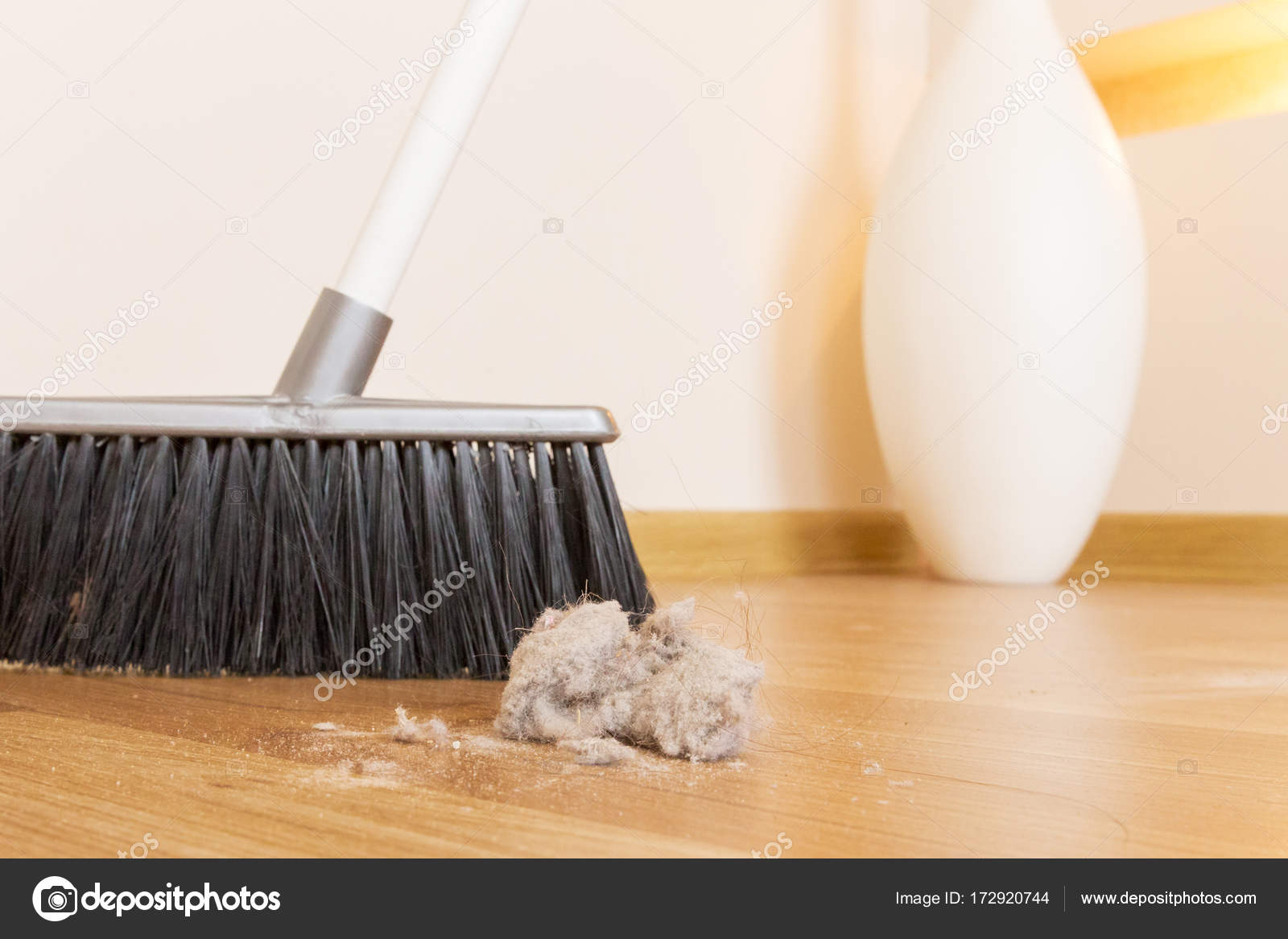 Sweeping Dust Black Broom Wooden Floor Stock Photo C Mariakray