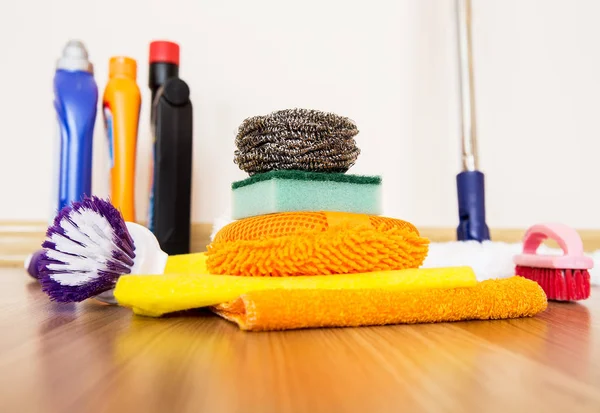 Set Cleaning Equipment Wooden Floor — Stock Photo, Image