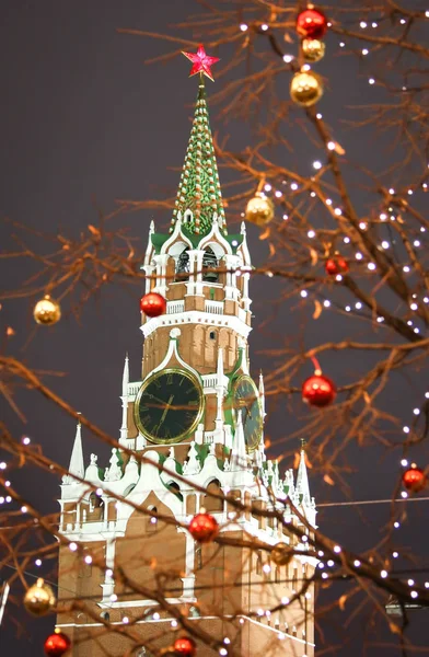 Der Spasskaja Turm Auf Dem Roten Platz Moskau Russland Weihnachten — Stockfoto