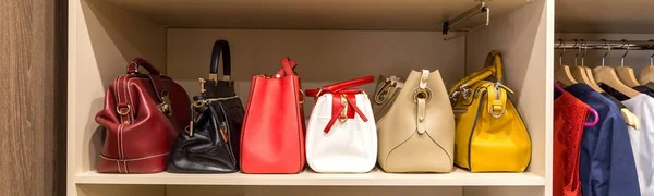 collection of handbags in woman`s closet