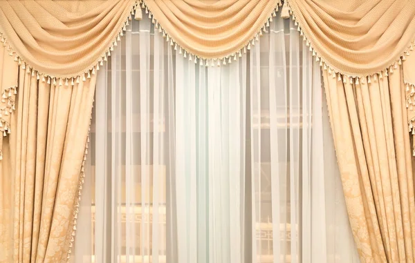 Classic Beige Curtain Hanging Window — Stock Photo, Image
