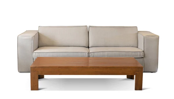 Moderní lněný gauč s dřevěným konferenčním stolkem. Pohovor izolovaný na bílém pozadí. Studio natáčení — Stock fotografie