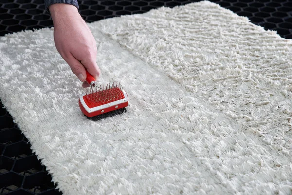 Limpieza de alfombras húmedas con cepillo metálico en servicio de limpieza — Foto de Stock