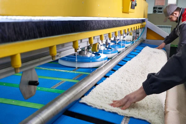 Laundry worker in the process of working on automatic machine for carpet washing in dry cleaning — Stock Photo, Image