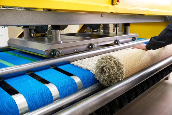 Travailleur de blanchisserie en cours de travail sur la machine automatique pour le lavage de tapis dans le nettoyage à sec — Photo