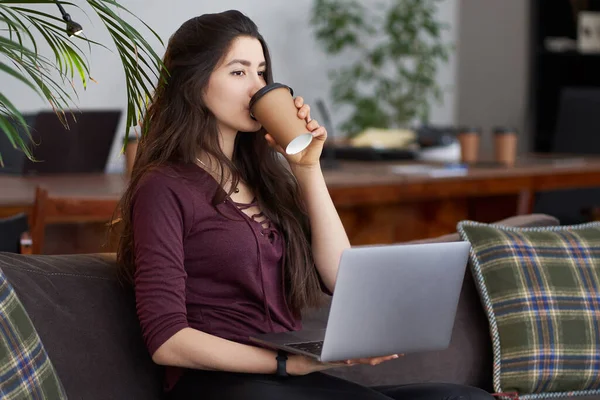 Nettes junges Mädchen sitzt auf der Couch mit Kaffee und Laptop — Stockfoto