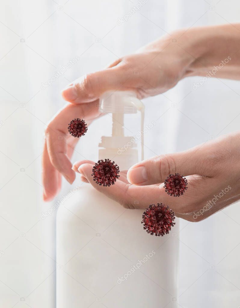 Woman hands pushing pump plastic soap bottle with viruses around, coronavirus protection concept