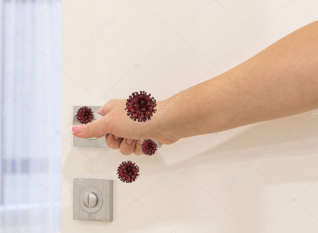 Coronavirus cell on the door handle, virus concept