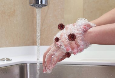 Etrafta virüsler varken ellerini yıkıyorsun. Kadın lavaboda akan suyla sabunu duruluyor, Coronavirus 2019 ncov önleme el hijyeni. Corona Virüsü covid-19 sık sık ellerini temizleyerek pandemik koruma.