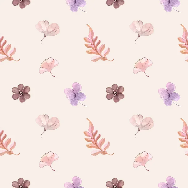 Seamless Pattern Watercolor Illustration Hand Painting Forest Leaves Flowers Seeds — Stock Photo, Image